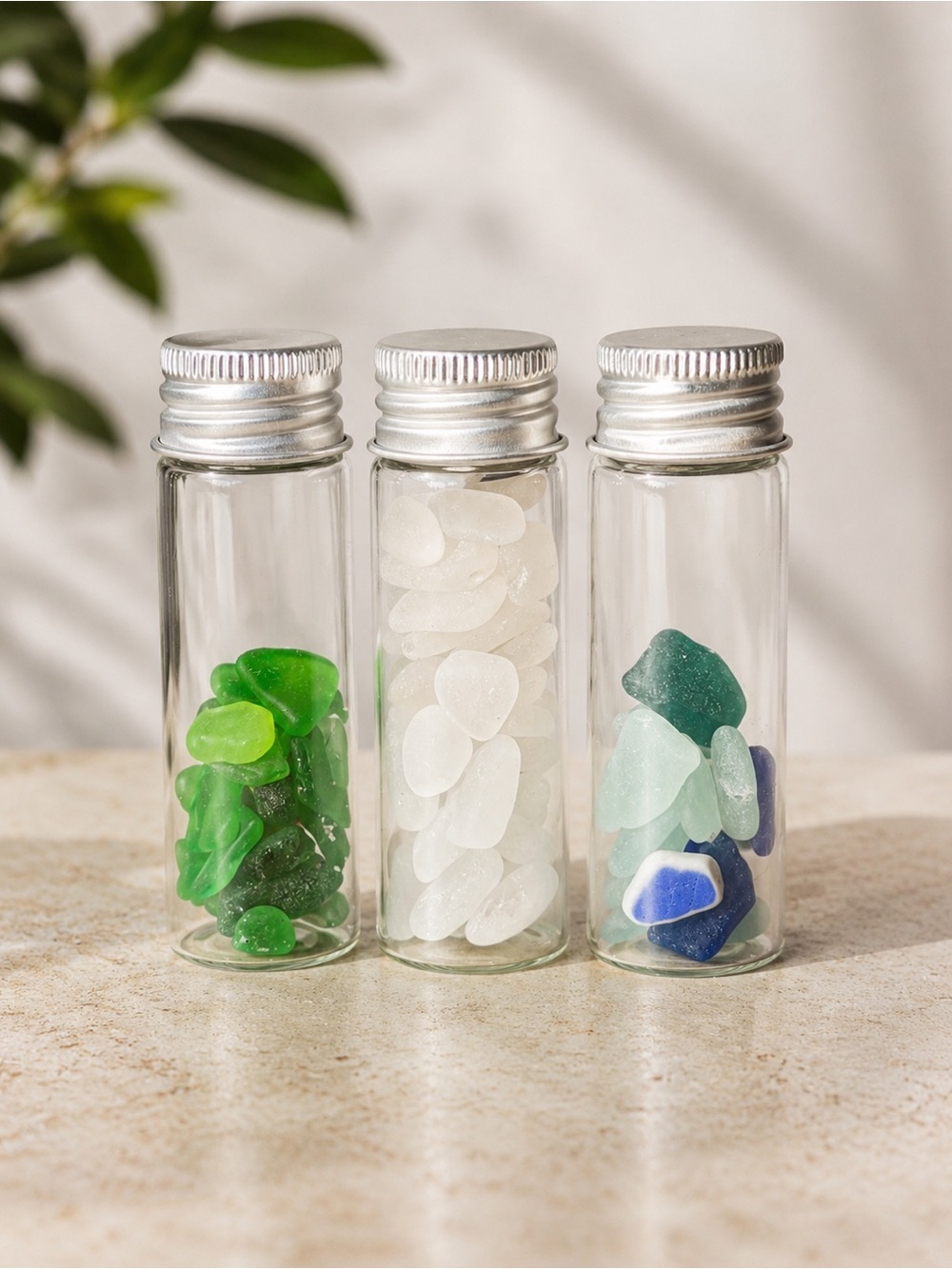 Vials of Beach/Sea Glass — Green, White, Blue Mix for Curio Displays or Jewlry